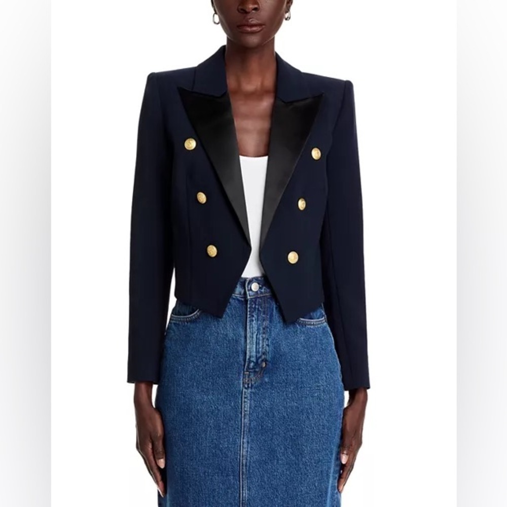 L'AGENCE $650 Navy and Black Cropped Button Detail Lila Blazer Size 0 NWT - Picture 2 of 13
